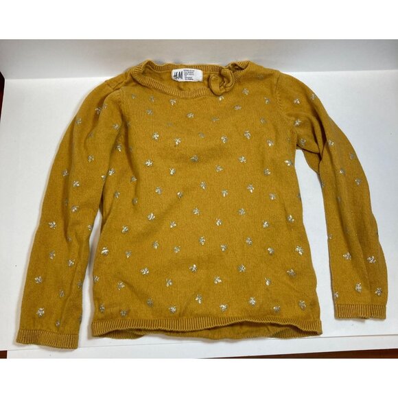 H&M Sweater Girls 3 4T Gold with Silver Glitter Stars Long Sleeve Knit - Picture 1 of 5